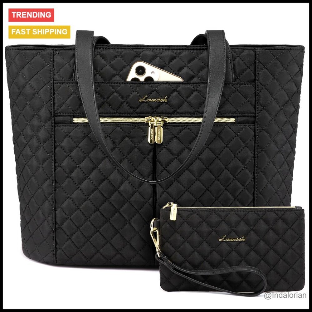 Diamond Quilted Laptop Tote Bag Professional Work Travel Shoulder Briefcase